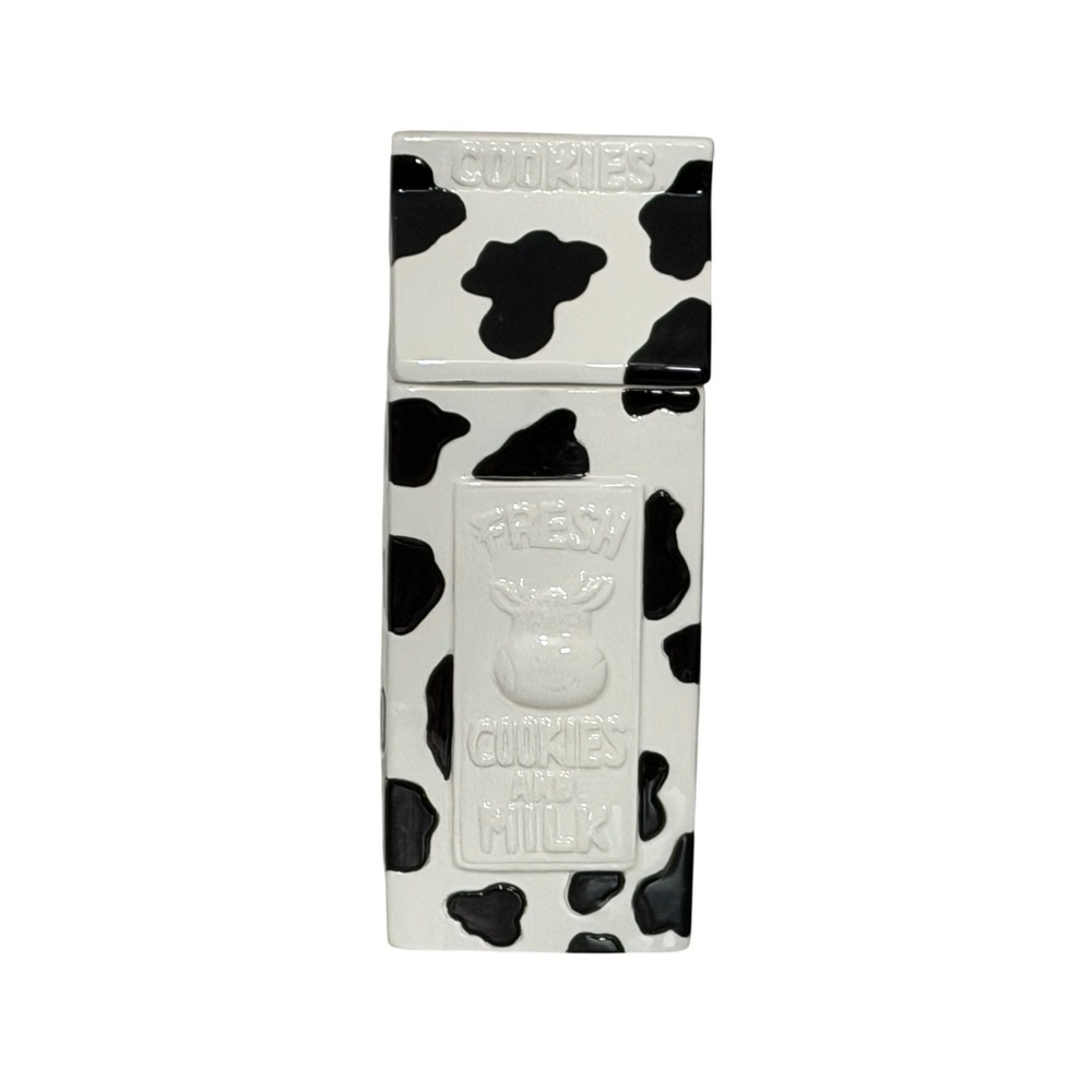 Houston Harvest Cookie Jar White Cow Print Milk Carton Ceramic Decor Large